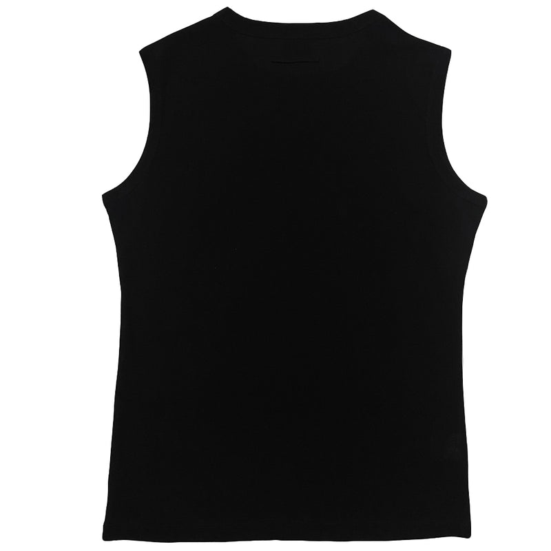 Jean Paul Gaultier face print tank  by Jean Paul Gaultier Homme, 2003.  Crew neck sleeveless tee with portrait, printed and cursive writing. Tag size: 48 Main Color: Black, red, neutral 