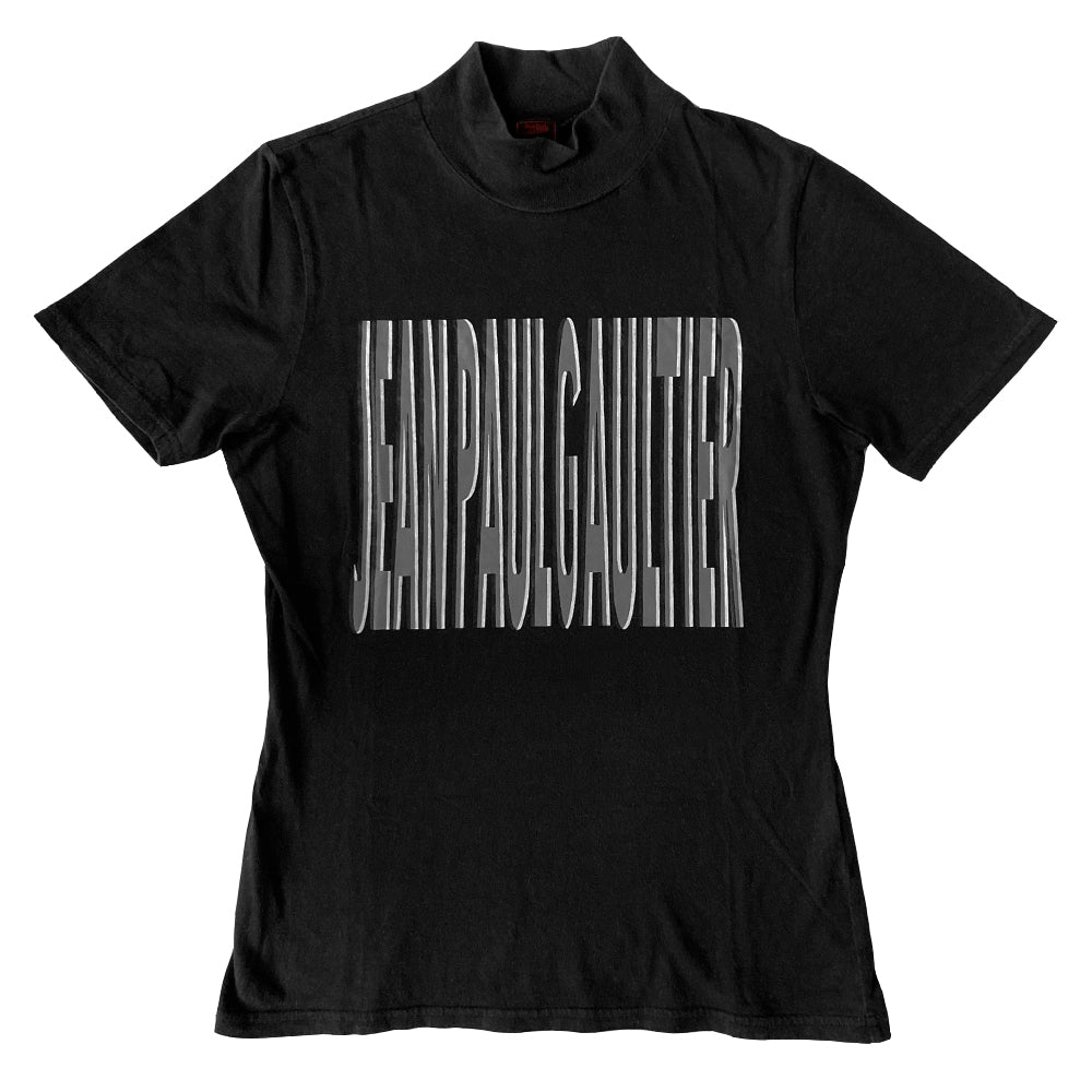 Jean Paul Gaultier Classique label black short sleeved crew neck tee with silver-tone Jean Paul Gaultier lettering front logo 
