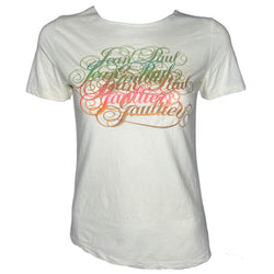 Jean Paul Gaultier Femme label raw edge neck short sleeved white tee with multiple overlapping mint, aqua, brown, beige, pink painted cursive logos at front.