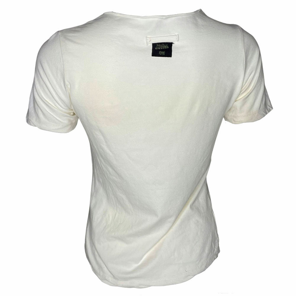 Jean Paul Gaultier Femme label raw edge neck short sleeved white tee with multiple overlapping mint, aqua, brown, beige, pink painted cursive logos at front.