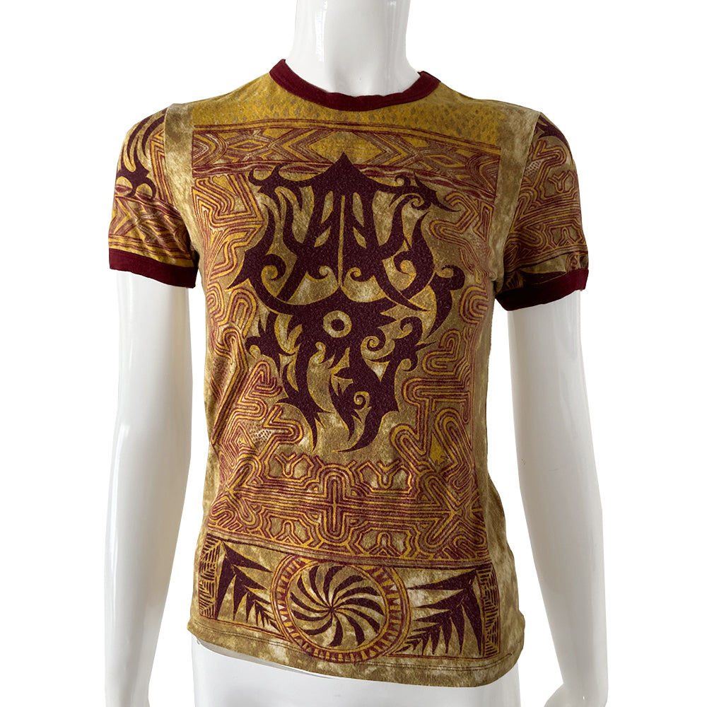 Jean Paul Gaultier yellow with burgundy tribal print tee, Jean Paul Gaultier Homme circa mid 90’s. Short sleeved crew neck tee with burgundy banded neck and arms. Made in Japan 