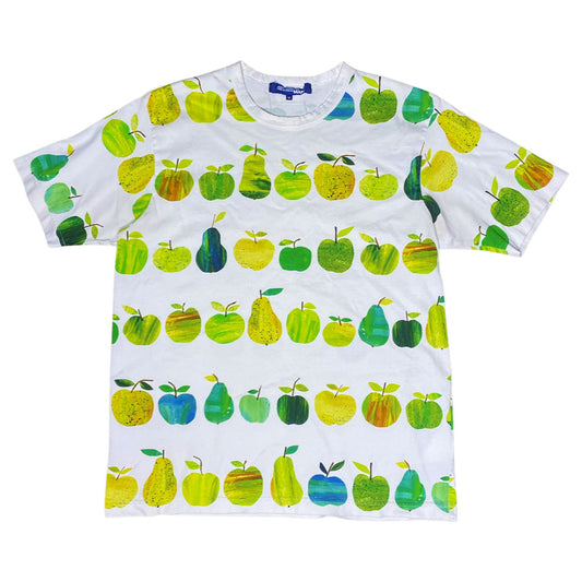 Junya Watanabe Man, circa S/S 2019 short sleeve crew neck tee with green, blue, yellow apples and pears printed all over. 