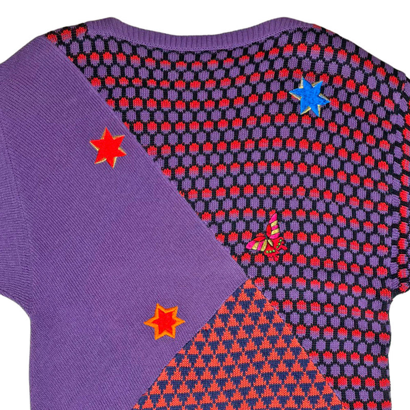 Rare 1980's Kansai Yamamoto purple & red butterfly knit sweater featuring large front embroidery with star and butterfly, embroidered patches throughout. Made in Japan