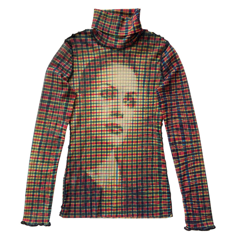 Jean Paul Gaultier illusion print green, red, blue mesh turtleneck by Jean Paul Gaultier Femme, circa 2001 with all over multicolor check print long sleeves and Illusion print woman's face on front and back, boucle trim at neckline, seams and sleeve cuffs. Color: Green, red, blue, yellow. Made in Japan. 