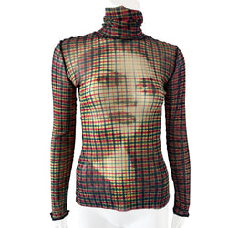 Jean Paul Gaultier illusion print green, red, blue mesh turtleneck by Jean Paul Gaultier Femme, circa 2001 with all over multicolor check print long sleeves and Illusion print woman's face on front and back, boucle trim at neckline, seams and sleeve cuffs. Color: Green, red, blue, yellow. Made in Japan. 