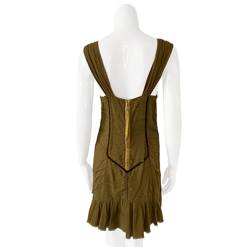 Louis Vuitton 2004 Runway Collection Khaki dress by Marc Jacobs spring collection for Gathered straps with gathered bodice, velvet trim front and back.  Hand stitched pleated body with ruching in back and ruffled back hem. Back gold-tone zipper closure beneath exposed exterior ribbon. Fully lined in 100% Linen. 