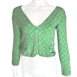 Louis Vuitton mint color all over embossed monogram velour jacket by Marc Jacobs for Louis Vuitton with deep V neckline, tonal front zip closure and logo flower zipper pulls. 2 matching vertical side zip pockets and slit sleeves. Made in France 