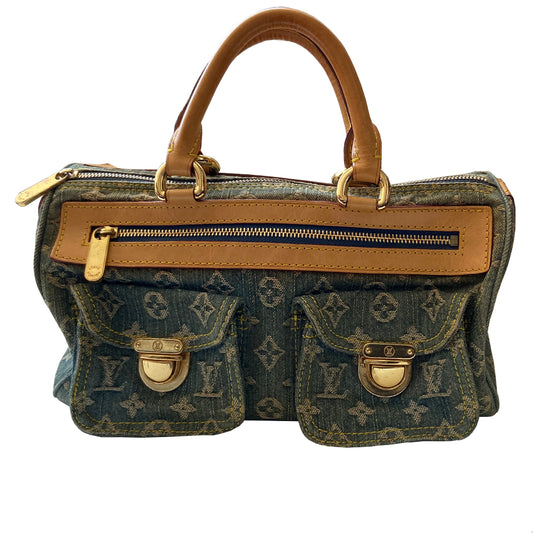 Louis Vuitton blue stonewashed monogram denim Neo Speedy Bag by Marc Jacobs for Louis Vuitton, 2005. 2 outer front pockets with gold-tone push lock closures and outer zip pocket. Vachetta leather trimmed with 2 rolled leather handles. Top zipper closure opens to gold/tan alcantara lining, one interior slip pocket. Made in France