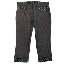 Louis Vuitton Multicolore Monogram crop jeans by Takashi Murakami for Louis Vuitton, mid 2000’s. Mid-rise 5 pocket blue/black denim with black multicolor monogram accents at front pockets, interior waist band, under rear flap pockets and at bottom fold-up cuffs. Made in Italy 