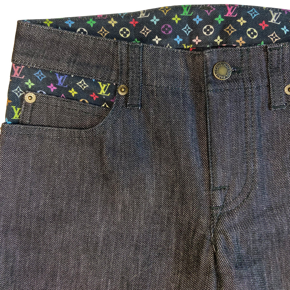 Louis Vuitton Multicolore Monogram crop jeans by Takashi Murakami for Louis Vuitton, mid 2000’s. Mid-rise 5 pocket blue/black denim with black multicolor monogram accents at front pockets, interior waist band, under rear flap pockets and at bottom fold-up cuffs. Made in Italy 