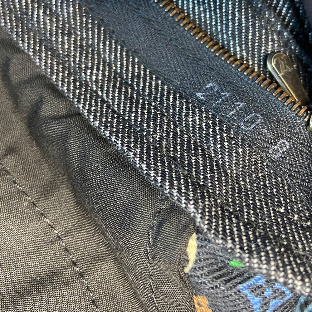 Louis Vuitton Multicolore Monogram crop jeans by Takashi Murakami for Louis Vuitton, mid 2000’s. Mid-rise 5 pocket blue/black denim with black multicolor monogram accents at front pockets, interior waist band, under rear flap pockets and at bottom fold-up cuffs. Made in Italy 