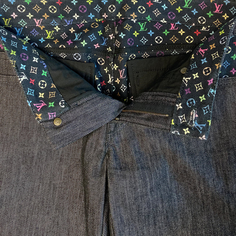 Louis Vuitton Multicolore Monogram crop jeans by Takashi Murakami for Louis Vuitton, mid 2000’s. Mid-rise 5 pocket blue/black denim with black multicolor monogram accents at front pockets, interior waist band, under rear flap pockets and at bottom fold-up cuffs. Made in Italy 