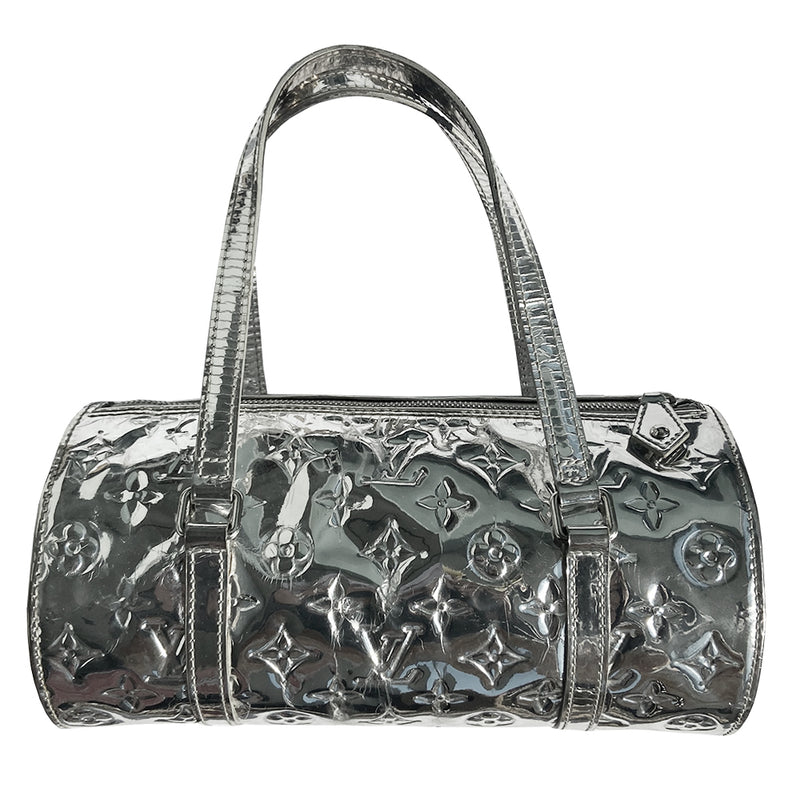 Louis Vuitton Miroir Papillon limited Marc Jacobs for Louis Vuitton, FW runway 2006. Brilliant silver-tone monogram mirrored vinyl body, 2 mirrored flat leather top handles & trim, exterior slip pocket at one end, top zipper closure, mirrored leather zipper pull, grey canvas interior. Date code: MB1016. Made in France 