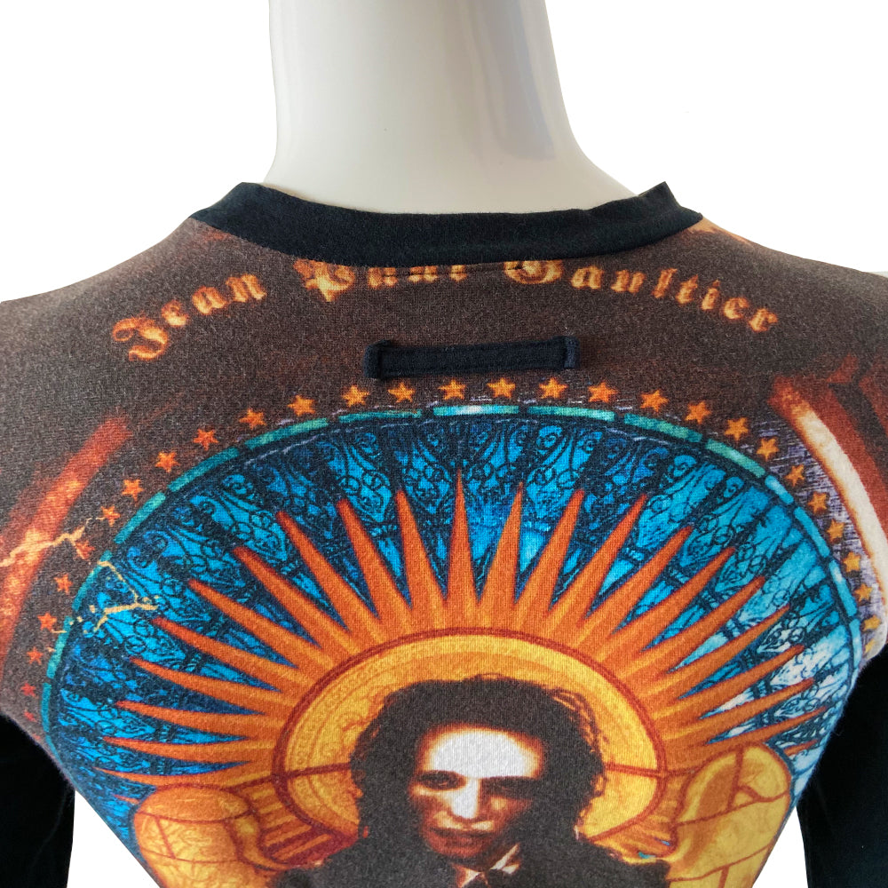 Jean Paul Gaultier long sleeved tee from Spring 1998 featuring Marilyn Manson against stained glass church window background on front and back. Tag size: 40 Main Color: Black. Made in Japan 