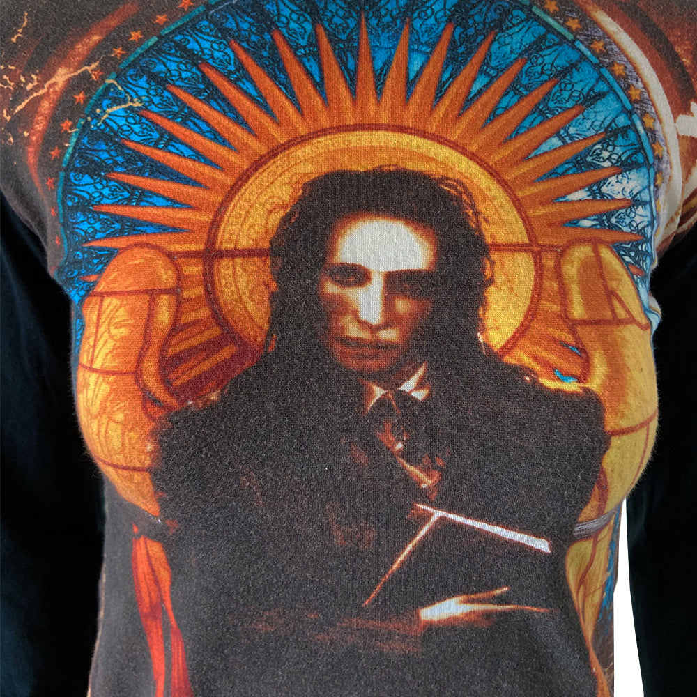 Jean Paul Gaultier long sleeved tee from Spring 1998 featuring Marilyn Manson against stained glass church window background on front and back. Tag size: 40 Main Color: Black. Made in Japan 