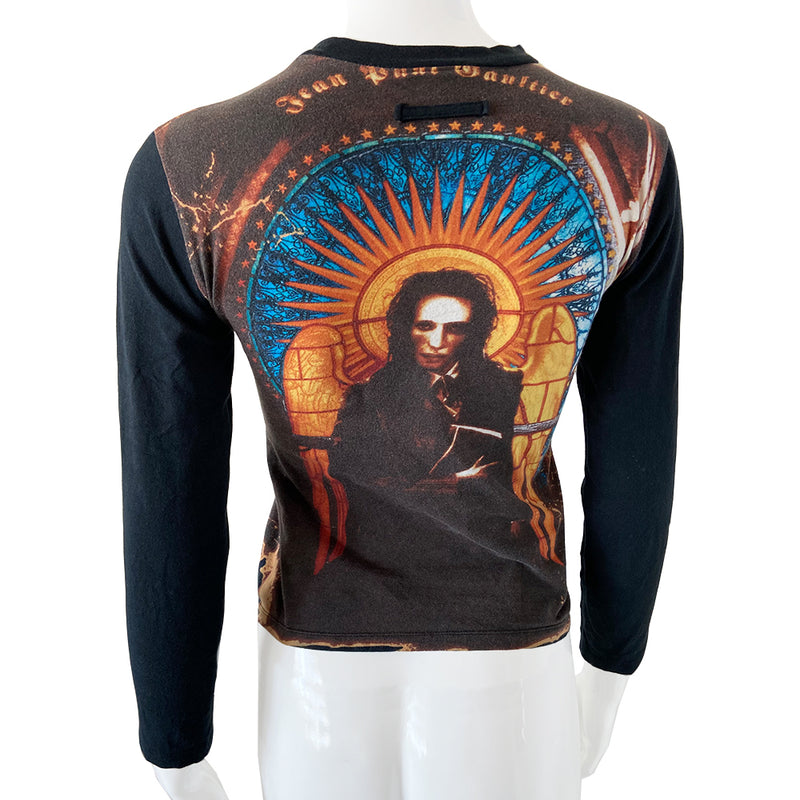 Jean Paul Gaultier long sleeved tee from Spring 1998 featuring Marilyn Manson against stained glass church window background on front and back. Tag size: 40 Main Color: Black. Made in Japan 