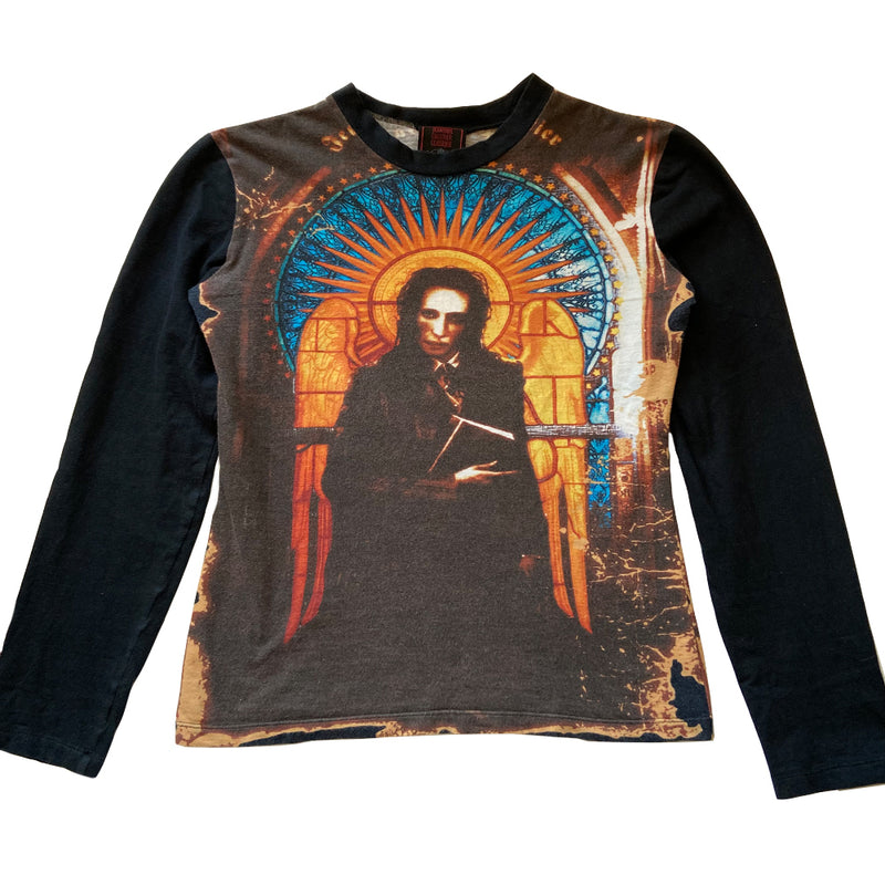 Jean Paul Gaultier long sleeved tee from Spring 1998 featuring Marilyn Manson against stained glass church window background on front and back. Tag size: 40 Main Color: Black. Made in Japan 