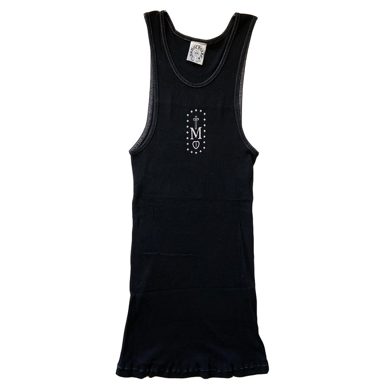 Chrome Hearts black Mapplethorpe tank, limited and rare from 2007 Mapplethorpe collaboration. Single front M with cross and heart design surrounded by tiny crosses,  Chrome Hearts Mapplethorpe on back with Chrome Hearts scroll at bottom back hemline. Made in USA 