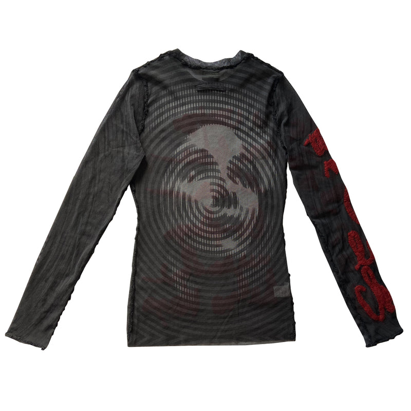 Jean Paul Gaultier Femme rare optical illusion long sleeve mesh top, AW 2001  featuring classic film icon Marlene Dietrich on front and back with red mohair front embroidered script writing and along one sleeve, black boucle accent trim on seams and neckline. Tag size: 40. Made in Japan 