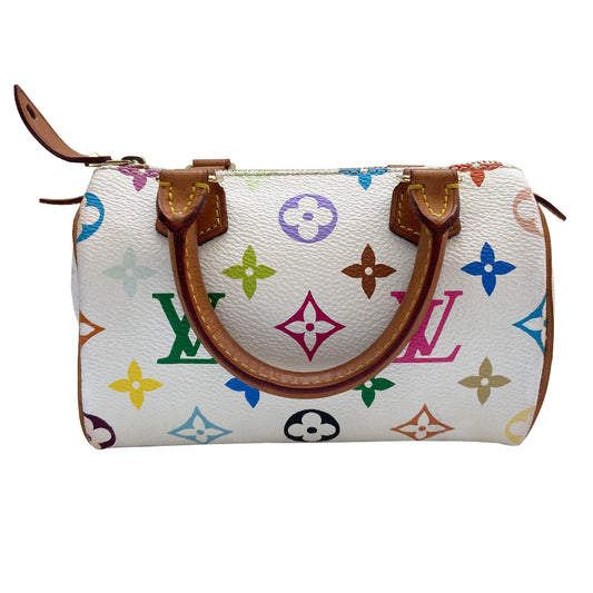 Louis Vuitton white multicolor nano speedy bag from Takashi Murakami x Louis Vuitton collaboration, 2003. 33 colors on white coated canvas, top zip closure, burgundy alcantara interior, vachetta leather handles, piping and accent, gold-tone hardware. Interior date code numbers partially worn off. Duster included. Made in France 