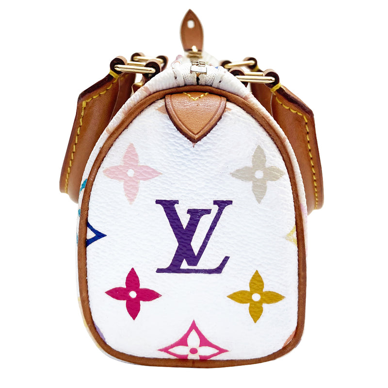 Louis Vuitton white multicolor nano speedy bag from Takashi Murakami x Louis Vuitton collaboration, 2003. 33 colors on white coated canvas, top zip closure, burgundy alcantara interior, vachetta leather handles, piping and accent, gold-tone hardware. Interior date code numbers partially worn off. Duster included. Made in France 