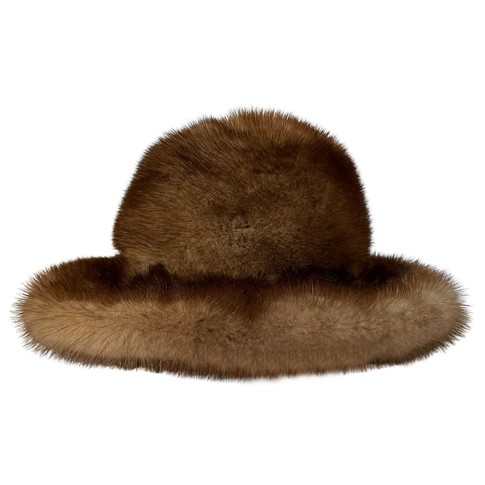 Vintage brown mink fur buck hat by Hudsons Bay Company with interior grosgrain ribbon band, satin and chiffon printed lining. Made in Canada 