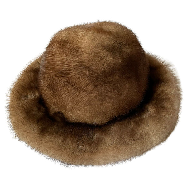Vintage brown mink fur buck hat by Hudsons Bay Company with interior grosgrain ribbon band, satin and chiffon printed lining. Made in Canada 