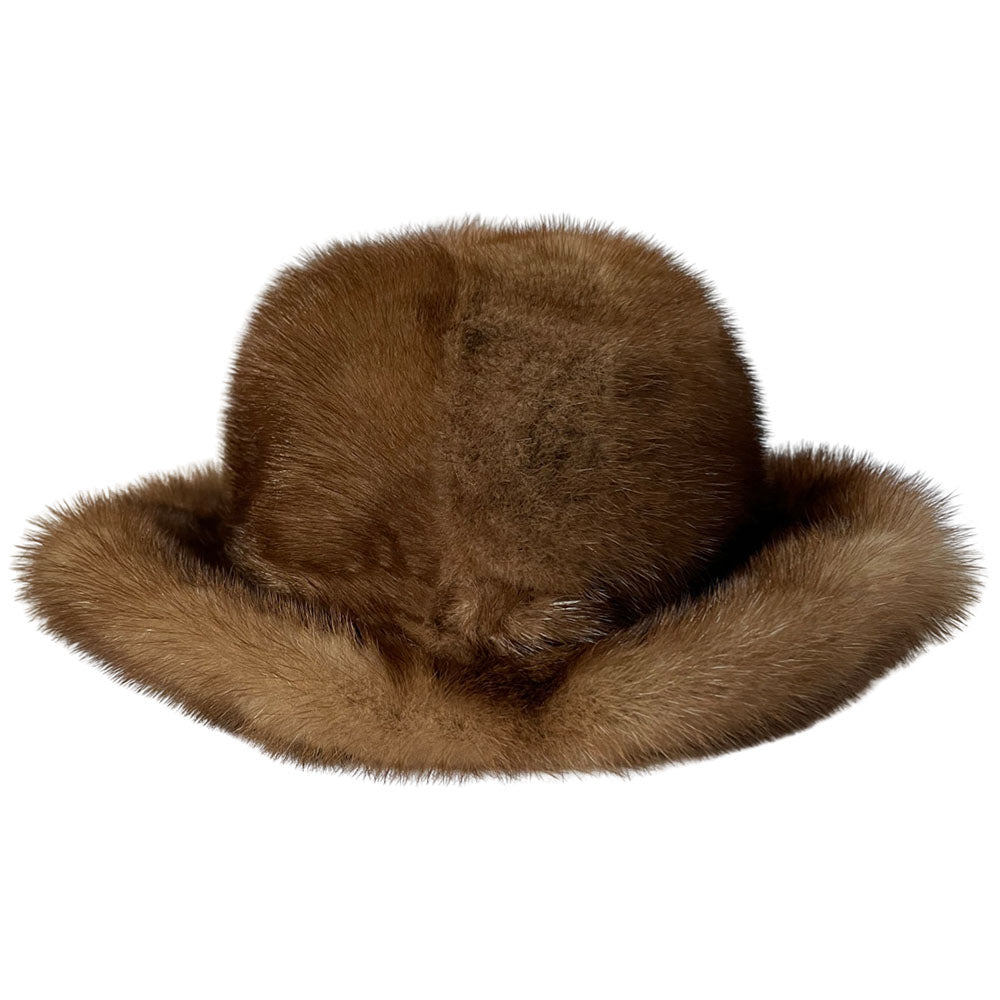 Vintage brown mink fur buck hat by Hudsons Bay Company with interior grosgrain ribbon band, satin and chiffon printed lining. Made in Canada 