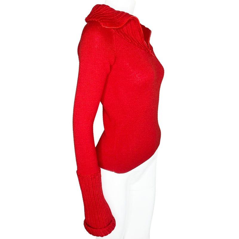 Miu Miu, early 2000s exaggerated long ribbed sleeves red sweater with ribbed 1/2 zip collar Made in Italy 