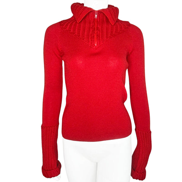 Miu Miu, early 2000s exaggerated long ribbed sleeves red sweater with ribbed 1/2 zip collar Made in Italy 