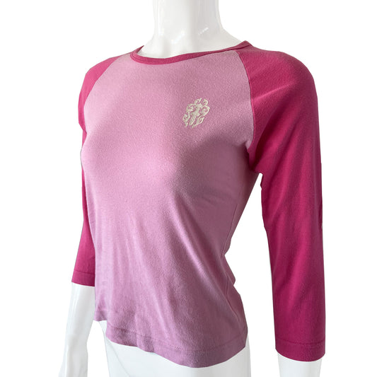 Chrome Hearts two tone pink baseball tee, circa early 2000’s with crew neck and 3/4 sleeves. White glitter dagger at chest, Chrome on one sleeve, Hearts on opposite sleeve, Chrome Hearts logo banner at back lower hemline. Made in USA