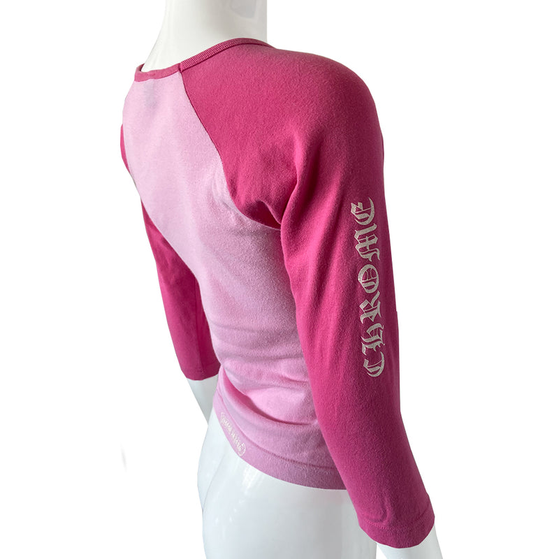 Chrome Hearts two tone pink baseball tee, circa early 2000’s with crew neck and 3/4 sleeves. White glitter dagger at chest, Chrome on one sleeve, Hearts on opposite sleeve, Chrome Hearts logo banner at back lower hemline. Made in USA