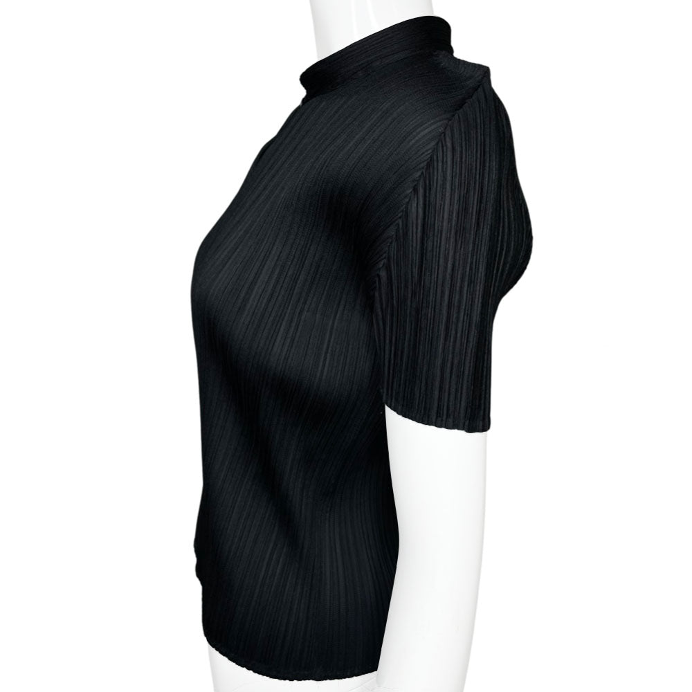 Issey Miyake Pleats Please black finely pleated short sleeve top circa 1990's with single top button with keyhole opening. Made in Japan 