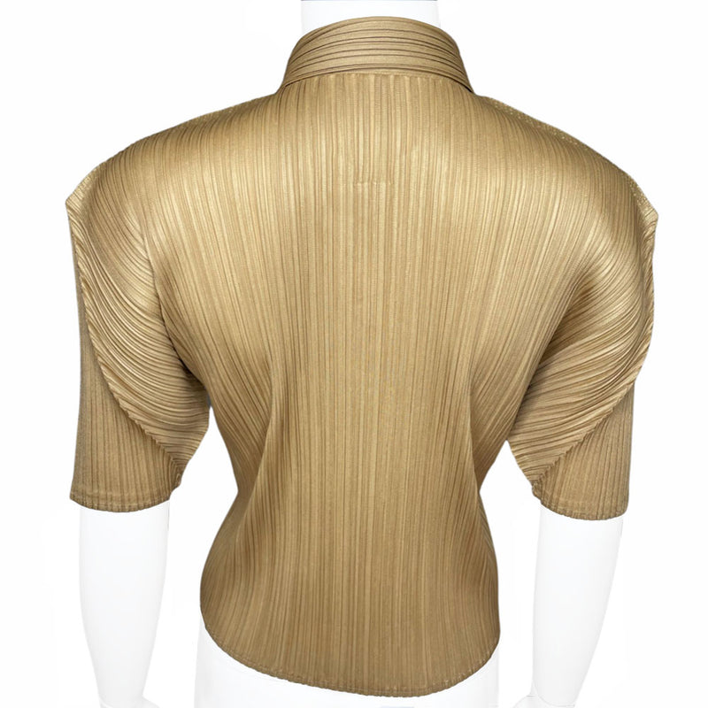 Issey Miyake Pleats Please short sleeve collared beige finely pleated button up top circa 1990's. Made in Japan 
