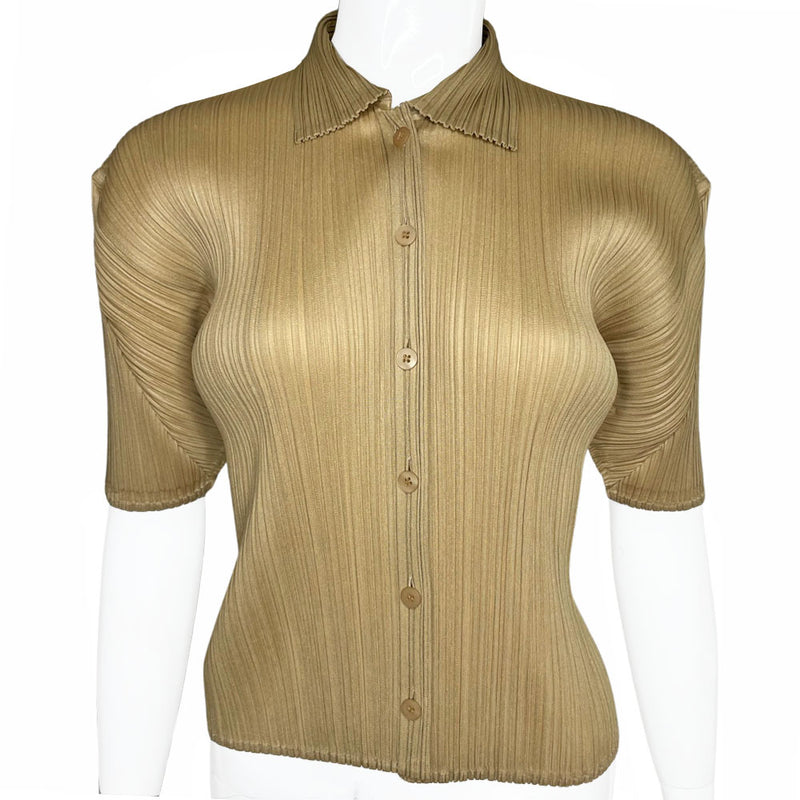 Issey Miyake Pleats Please short sleeve collared beige finely pleated button up top circa 1990's. Made in Japan 