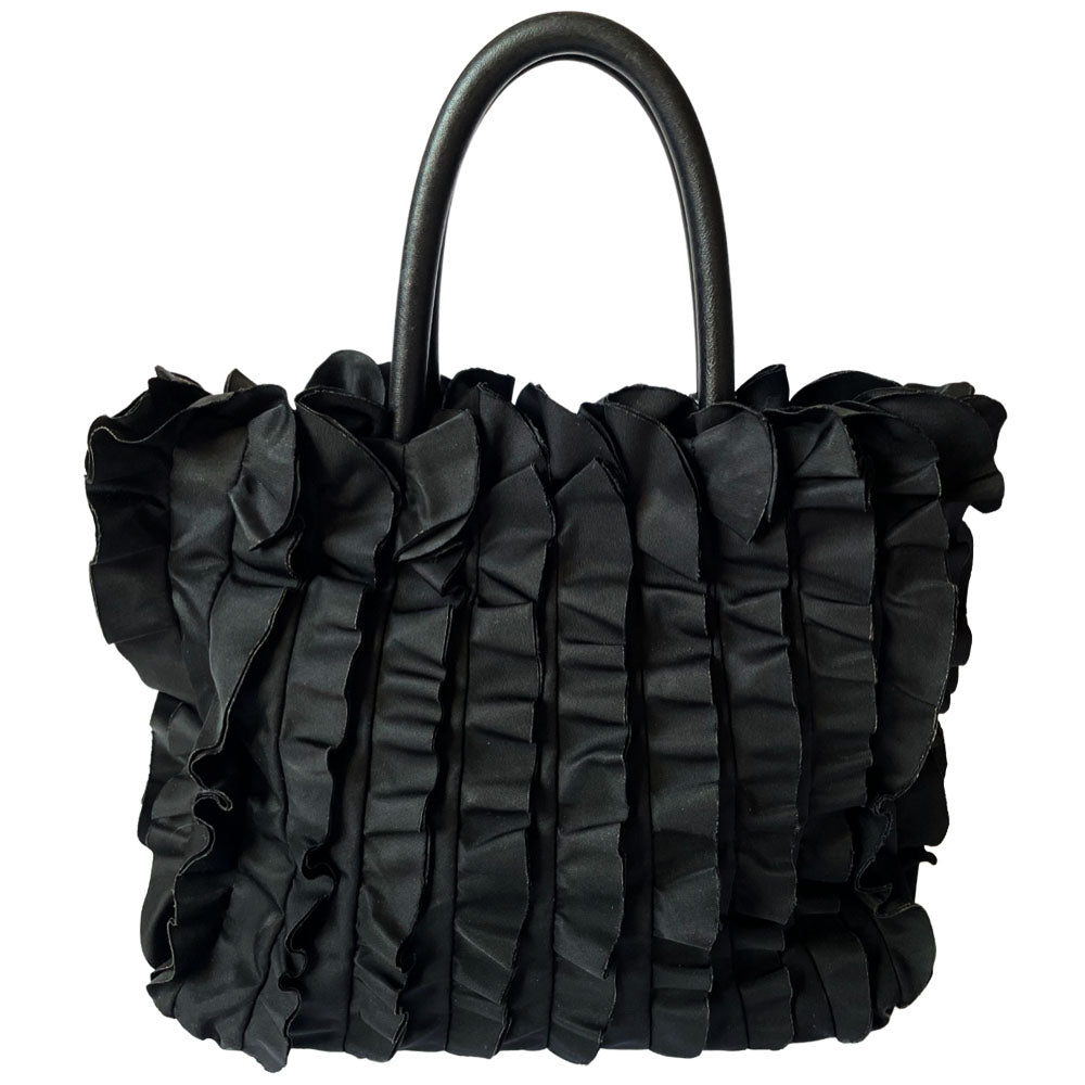 Prada 2000s black ruffled body tessuto nylon tote with leather handles, accent and hanging clochette key holder featuring gold-tone logo. Gold-tone hardware, interior logo, zippers and logo engraved feet. Magnetic snap closure, interior trademark leather label, 2 interior zip pockets, Prada logo lining. Made in Italy 