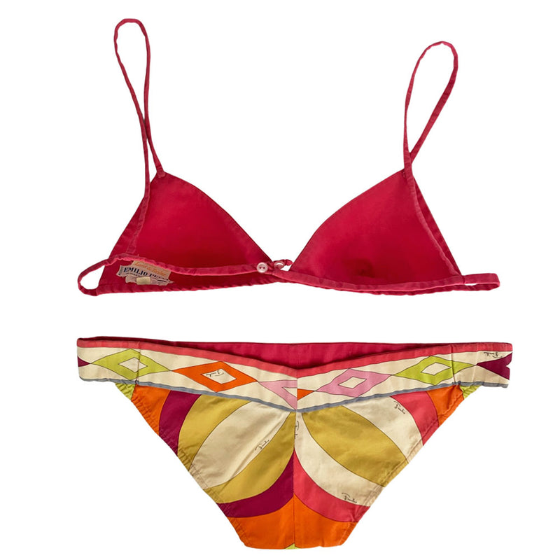 Pucci 1960s multicolor fully lined bikini made for Lord and Taylor with non adjustable skinny shoulder straps and 2 station button back closure. Low rise bottoms with printed diamond pattern wide band detail at the top, slight V in back, hand stitched interior gusset. Made in Italy 