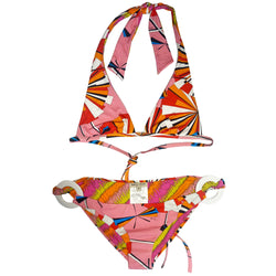 Pucci multicolor geometric pattern pink/orange/yellow/red/blue bikini with halter top that ties around neck and in back and mid rise bottoms featuring 2 oversized white plastic ring attachments that embellish each side. Made in Italy