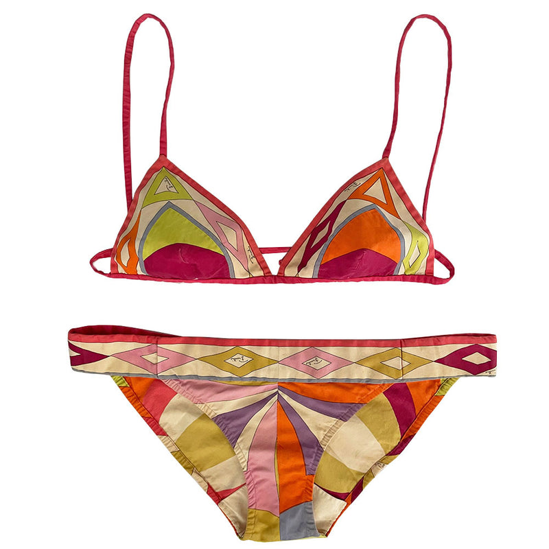 Pucci 1960s multicolor fully lined bikini made for Lord and Taylor with non adjustable skinny shoulder straps and 2 station button back closure. Low rise bottoms with printed diamond pattern wide band detail at the top, slight V in back, hand stitched interior gusset. Made in Italy 