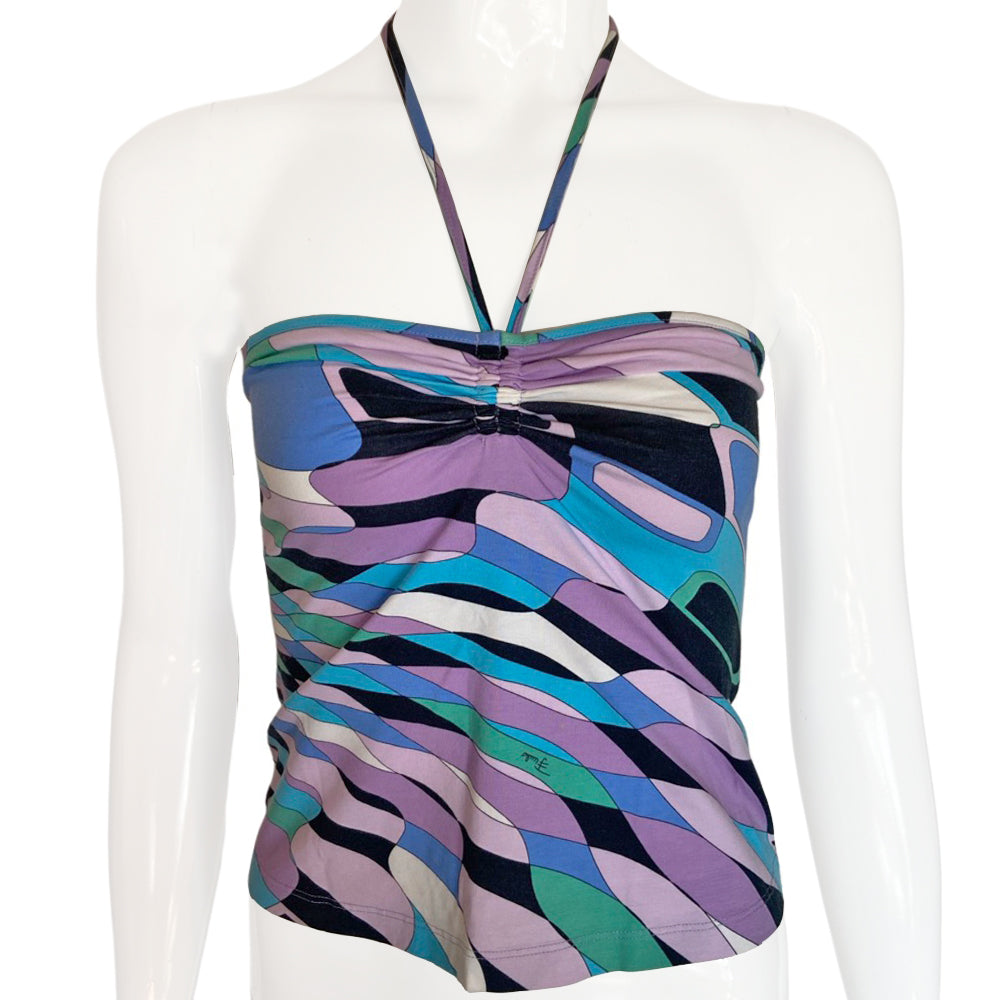 Emilio Pucci strapless halter in mauve, aqua, teal and black with cord that ties around the neck that also pulls adjustable ruching detail at center bust line. Made in Italy 