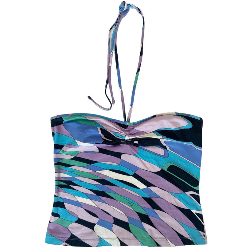 Emilio Pucci strapless halter in mauve, aqua, teal and black with cord that ties around the neck that also pulls adjustable ruching detail at center bust line. Made in Italy 