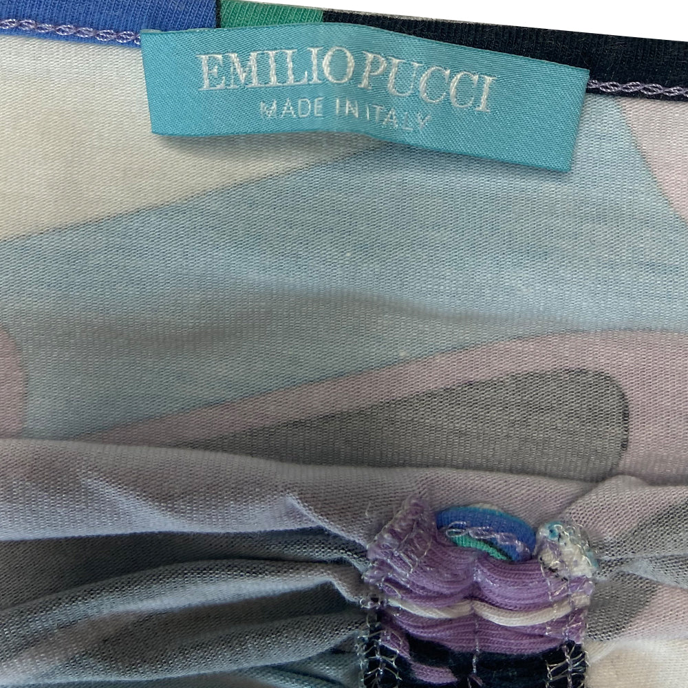 Emilio Pucci strapless halter in mauve, aqua, teal and black with cord that ties around the neck that also pulls adjustable ruching detail at center bust line. Made in Italy 