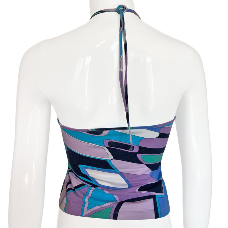 Emilio Pucci strapless halter in mauve, aqua, teal and black with cord that ties around the neck that also pulls adjustable ruching detail at center bust line. Made in Italy 