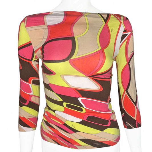 Early 2000's Pucci fuchsia, white, red, yellow, brown print 3/4 length sleeve boat neck top that can be worn on or off the shoulders. Made in Italy