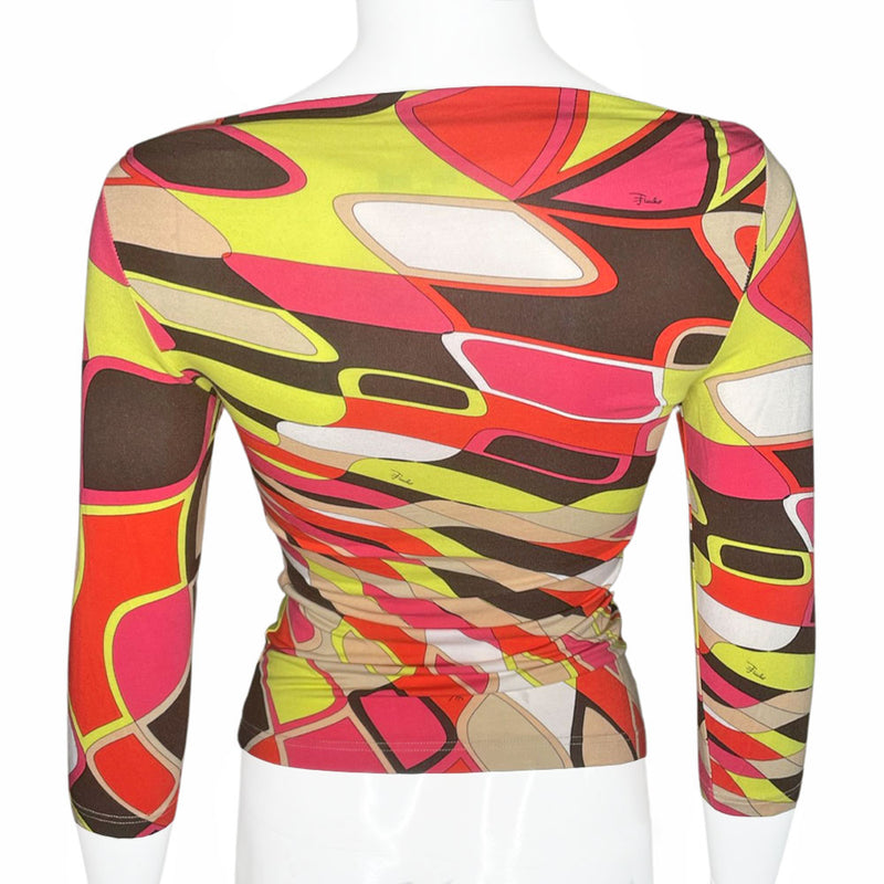 Early 2000's Pucci fuchsia, white, red, yellow, brown print 3/4 length sleeve boat neck top that can be worn on or off the shoulders. Made in Italy