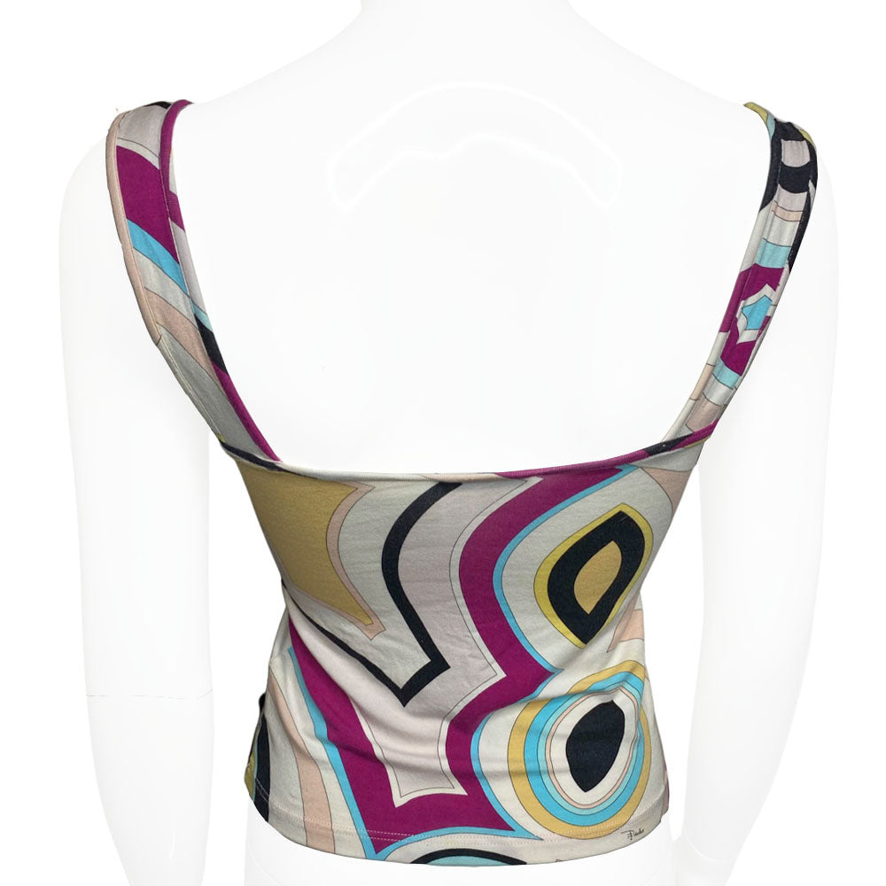 Pucci tank top in burgundy, pink, aqua, black, white with low neckline in front and back. Made in Italy 