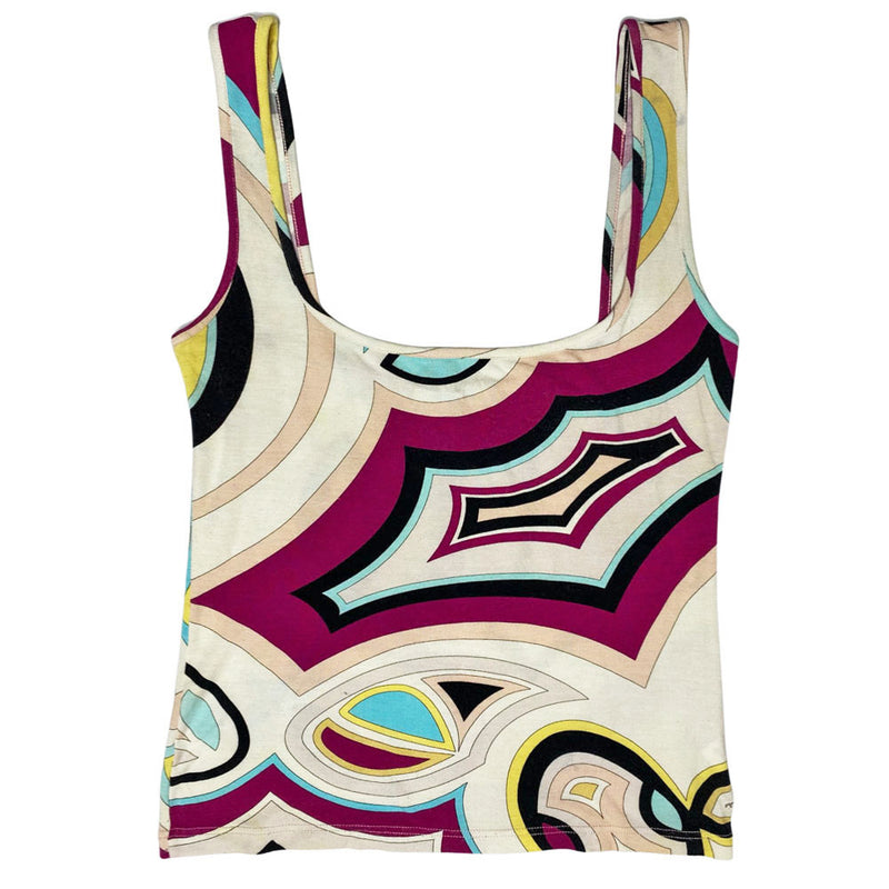 Pucci tank top in burgundy, pink, aqua, black, white with low neckline in front and back. Made in Italy 