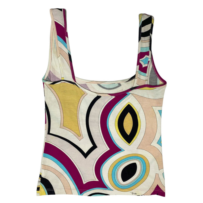 Pucci tank top in burgundy, pink, aqua, black, white with low neckline in front and back. Made in Italy 