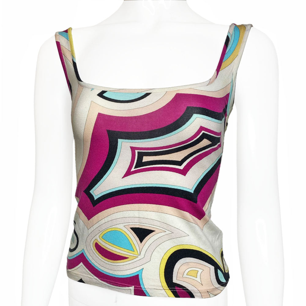 Pucci tank top in burgundy, pink, aqua, black, white with low neckline in front and back. Made in Italy 