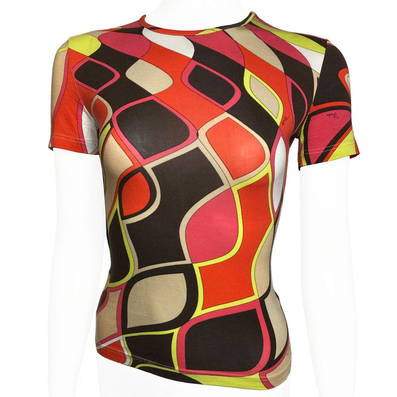 Pucci short sleeve top in pink, red, yellow, brown print. Made in Italy 